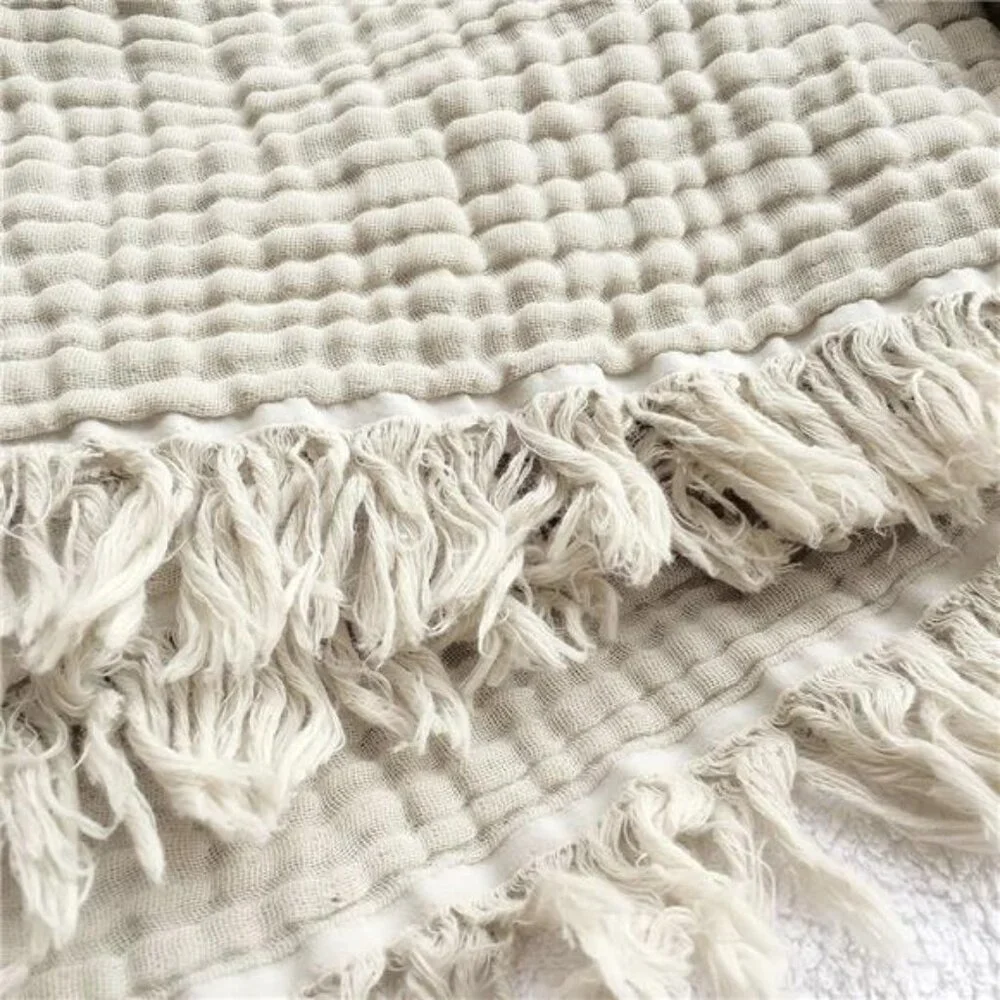 NEW West Elm Boho Beige Tassel Waffle Knit Muslin Gauze Throw Blanket 55